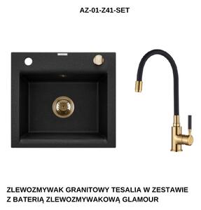 INVENA - Granitový dřez TESALIA, černý s automatickým sifonem, zlatý + baterie GLAMOUR AZ-01-Z41-SET