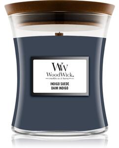 Woodwick Indigo Suede vonná svíčka s dřevěným knotem 85 g
