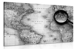 Obraz černobílá mapa světa s lupou - 90x60 cm