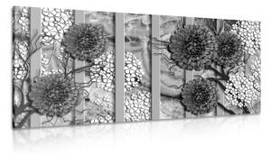 Obraz abstraktní květiny na mramorovém pozadí v černobílém provedení - 100x50 cm
