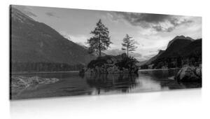 Obraz černobílá horská krajina u jezera - 100x50 cm