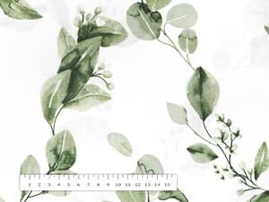 Bavlněná látka/plátno Sandra SA-422 Zelené listy na bílém - šířka 145 cm