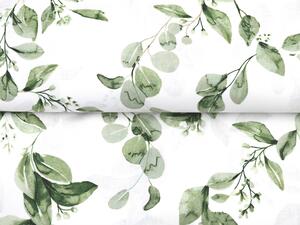 Bavlněná látka/plátno Sandra SA-422 Zelené listy na bílém - šířka 145 cm