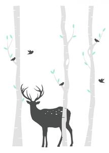 Samolepka na zeď Deer - stromy, jelenek a ptáčky HD037