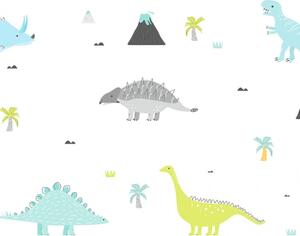 Samolepka na zeď Dino - dinosauři, sopky, mraky a palmy DK291