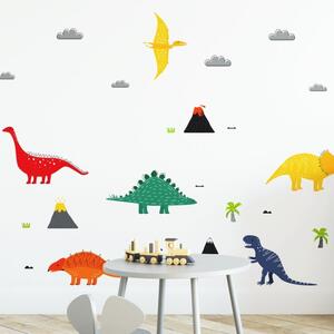 Samolepka na zeď Dino - dinosauři, sopky, mraky a palmy DK292