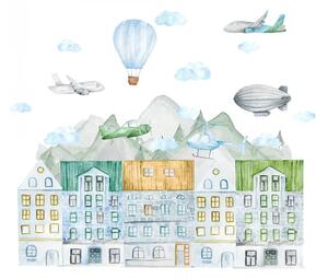 Samolepka na zeď Travel - město, letadla, vzducholoď, vrtulník, balón a obláčky DK358