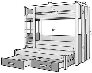Patrová postel pro 3 Artema - 90x200 cm : Bílá/Trufla Bílá/Trufla 90x190 cm