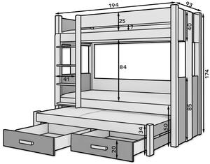 Patrová postel pro 3 Artema - 80x180 cm : Bílá/Antracit Bílá/Antracit 80x170 cm