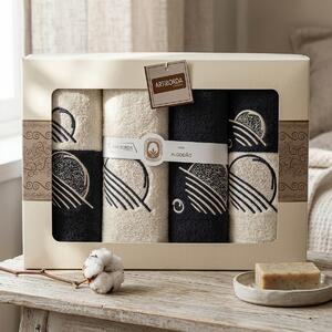 4sleep dárkový set froté ručníků a osušek 393, 6-dílný, černá a krémová s výšivkou 2x 30x50cm + 2x 50x90cm + 2x 70x140cm
