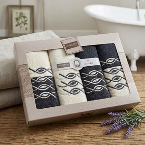 4sleep dárkový set froté ručníků a osušek 394, 6-dílný, černá a krémová s výšivkou 2x 30x50cm + 2x 50x90cm + 2x 70x140cm