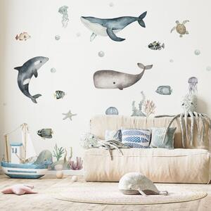 Samolepka na zeď Ocean - velryby, delfín, ryby, želva, rostliny a kameny DK444