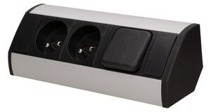 ORNO Rohový zásuvkový blok, 2x zásuvka 230 s vypínačem, černo-stříbrná barva