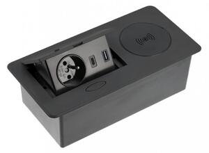 GTV Výklopný blok AVARO PLUS, 1x 230V, 2x USB-A/C nabíjecí, 1x bezdrátová nabíječka Qi, kabel 1.5m, barva černá