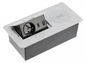 GTV Výklopný blok AVARO PLUS, 1x 230V, 2x USB-A/C nabíjecí, 1x bezdrátová nabíječka Qi, kabel 1.5m, barva stříbrná