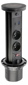 GTV Výsuvná zásuvka CAMINO s osvětlením, 2x 230V, 2x USB-A/C nabíjecí, 1x bezdrátová indukční nabíječka, vypínač, kabel 1.5m, barva černá