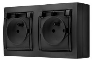 Simon Dvojitá zásuvka 2x250V/16A v černé matné barvě s průhlednými klapkami, rychlospojky, krytí IP44, nástěnná montáž