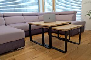 Konferenční stolky - set Budníček větší a menší Typ a sukovitost dřeva: Dub sukovitý/rustikální (0 Kč), Barva kovových nohou: Černá mat - RAL 9005 (0 Kč), Varianty velikostí stolů (D x Š x V): 50x50x45 a 65x65x50 (cm)