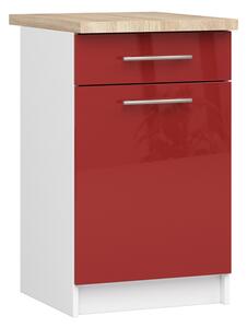 Kuchyňská skříňka OLIVIA, 1 zásuvka – 50 cm | Bílá / Červená lesklá / Dub Sonoma