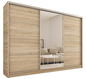 Šatní skříň LITOLARIS MAX 250 se zrcadlem, 4 šuplíky a 2 šatními tyčemi, výška 235 cm, dub sonoma
