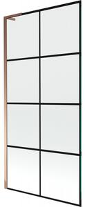 Mexen Next L, 1-křídlová vanová zástěna 90 x 150 cm, 6mm čiré sklo-černý vzor, ​​růžové zlato profil, 895-090-000-03-77-60