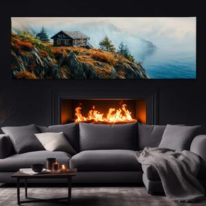 Obraz na plátně - Skalní chatka na mlžném pobřeží FeelHappy.cz Velikost obrazu: 150 x 50 cm