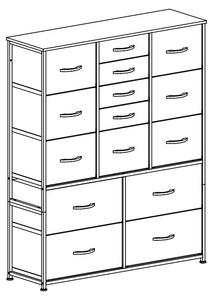 Komoda se zásuvkami, boční skříňka, univerzální, prostorná. Komoda v šedé barvě, vyrobená z dřevotřísky (MDF/dřevovláknitá deska), s robustním kovovým rámem a odolnou konstrukcí