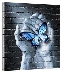 Moderní obraz dlaní s motýlem (30x30 cm)