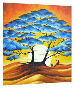 Orientální obraz modrého stromu a slunce (30x30 cm)
