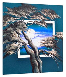 Modrý obraz stromu a východu slunce (30x30 cm)