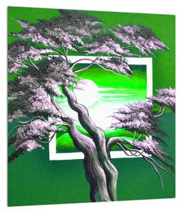 Zelený obraz stromu a východu slunce (30x30 cm)