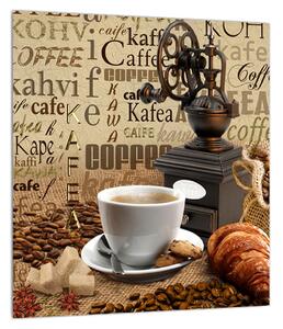 Obraz kávy, mlýnku a croissantů (30x30 cm)