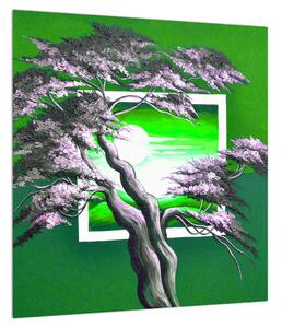 Zelený obraz stromu a východu slunce (40x40 cm)