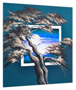 Modrý obraz stromu a východu slunce (40x40 cm)