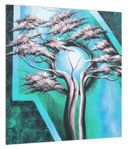 Orientální modrý obraz stromu a slunce (40x40 cm)