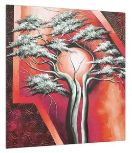 Orientální červený obraz stromu a slunce (40x40 cm)