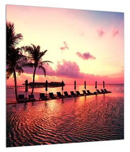 Obraz pláže s palmami a sluncem (40x40 cm)