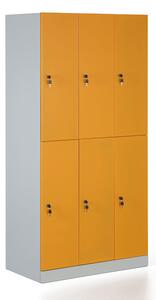 Kovová šatní skříňka s úložnými boxy, demontovaná, oranžové dveře, cylindrický zámek