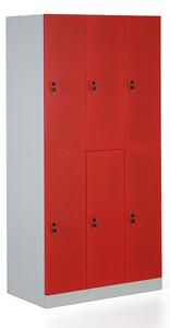 Kovová šatní skříňka s úložnými boxy, demontovaná, červené dveře, cylindrický zámek