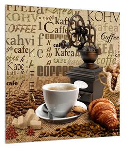 Obraz kávy, mlýnku a croissantů (40x40 cm)