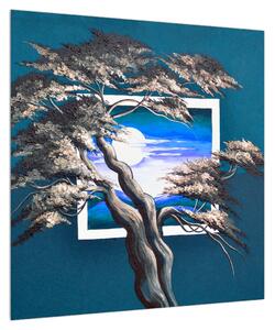 Modrý obraz stromu a východu slunce (50x50 cm)