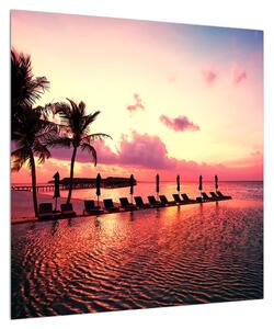 Obraz pláže s palmami a sluncem (50x50 cm)