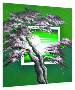 Zelený obraz stromu a východu slunce (50x50 cm)