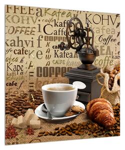Obraz kávy, mlýnku a croissantů (50x50 cm)