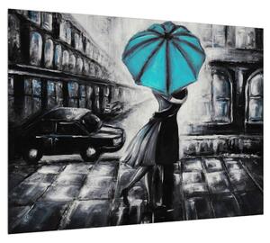 Obraz zamilovaného páru pod deštníkem (70x50 cm)