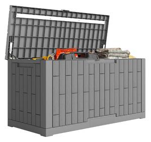 Outsunny 379 l uzamykatelný venkovní úložný box s plynovým pístem — dřevěný vzhled odolný proti UV, kávově hnědý, 122,5 × 56 × 62 cm | Aosom