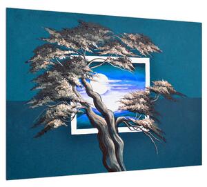 Modrý obraz stromu a východu slunce (70x50 cm)