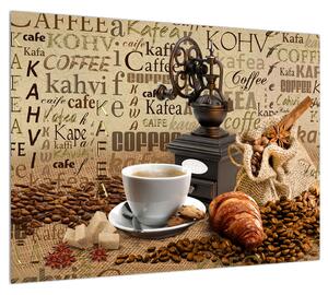 Obraz kávy, mlýnku a croissantů (70x50 cm)