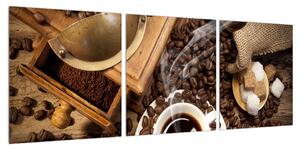 Obraz šálku kávy a kávových zrn (90x30 cm)