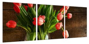 Obraz červených tulipánů ve váze (90x30 cm)